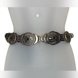 Chicos Filigree Medallion w/ Faceted Black Jewel Center Stretchy Belt silver